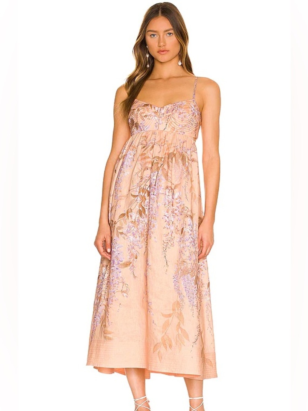 Zimmermann Rosa Bralette Midi Dress Size 1 Floral Linen Cut Out Pockets EUC